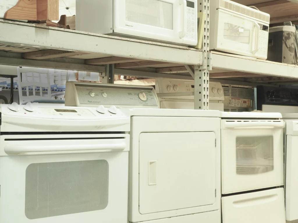 Image of appliances donated to our depots. Which we sell to fund the necessary home repairs to keep our community safe in their homes.